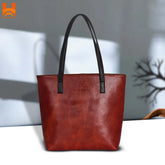 Anti-Red Brown Genuine Leather Shoulder Bag for Women's Original Cow Leather Tote Bag