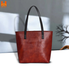 Anti-Red Brown Genuine Leather Shoulder Bag for Women's Original Cow Leather Tote Bag