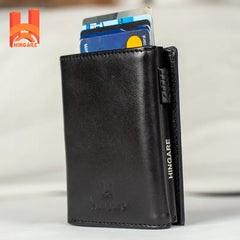 Genuine Leather RFID Blocking Pop-Up Card Holder Wallet – Slim & Compact Tri-Fold Leather Wallet Black wallet