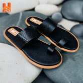 Stylish Black Genuine Leather Sandal Original Leather Men’s Flat Sandal with Toe Ring