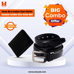 Combo Wallet & Belt : Genuine Leather Stone Dice Short Wallet & Double Part Men's Belts