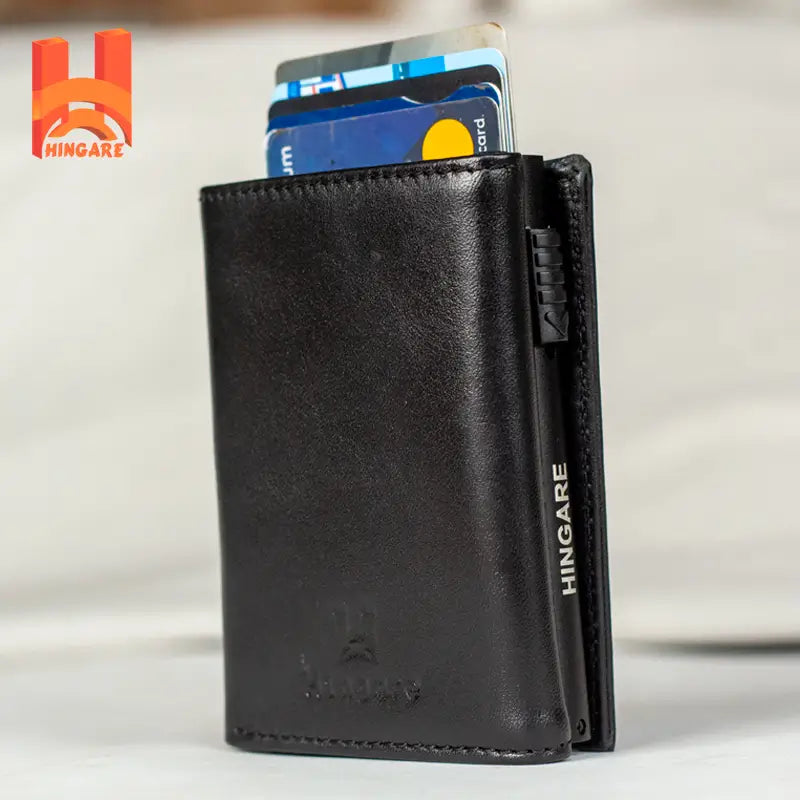 Genuine Leather RFID Blocking Pop-Up Card Holder Wallet – Slim & Compact Tri-Fold Leather Wallet Black wallet 