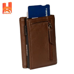 Genuine Leather RFID Blocking Pop-Up Card Holder Wallet – Slim & Compact Tri-Fold Leather Wallet brown wallet