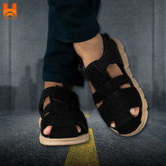Men's Genuine Leather Hiking Sandals - Black Fashionable Closed Toe Footwear for Outdoor Sports and Light Beach Shoes