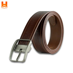 Middle Line Embossed Genuine Leather Belts for Men's Pin Buckle 2" Wide One Part Cowhide Leather Belt